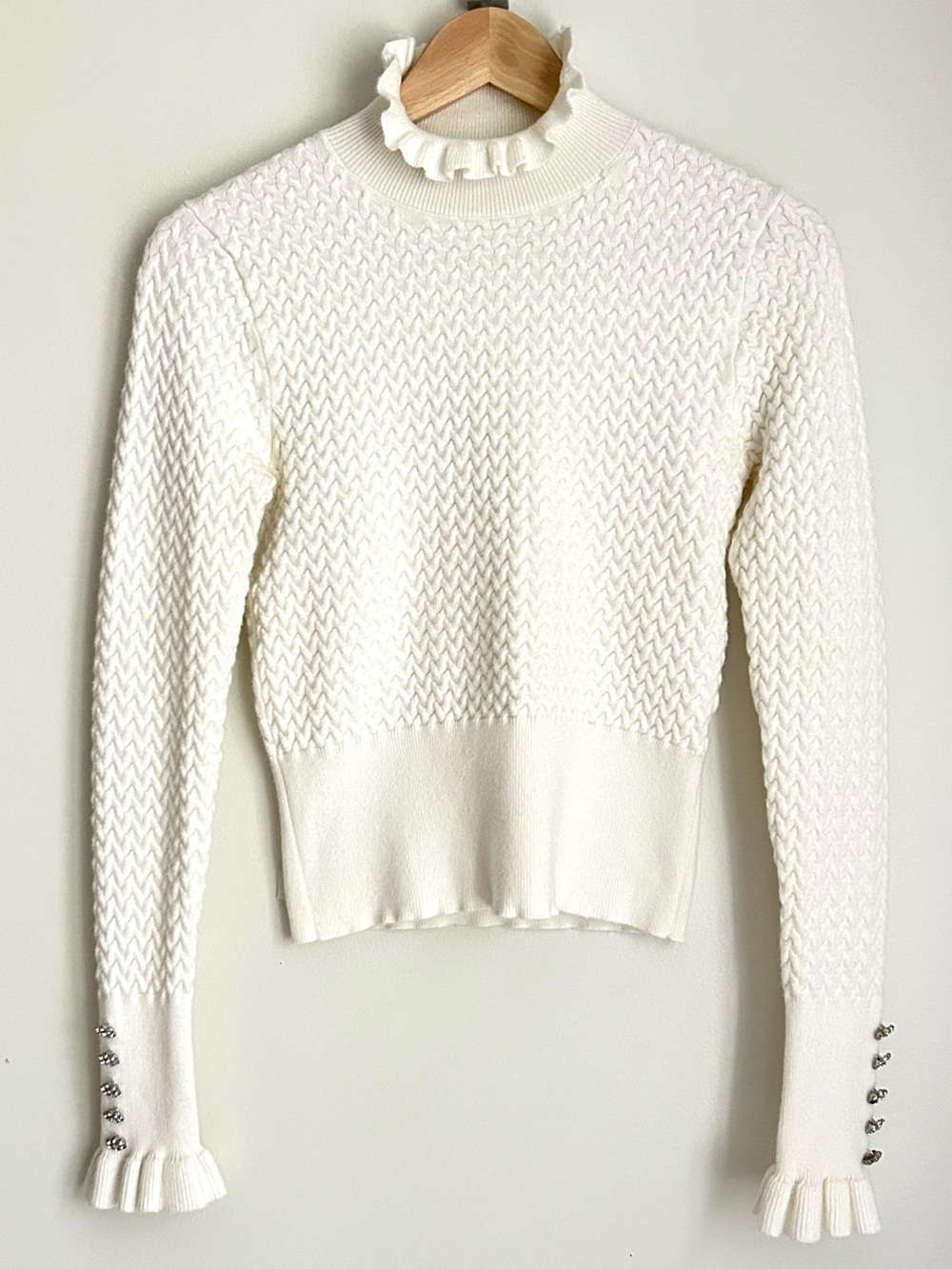 Zara Cream Ruffle Mock-Turtleneck Knit Sweater with Button Cuffs